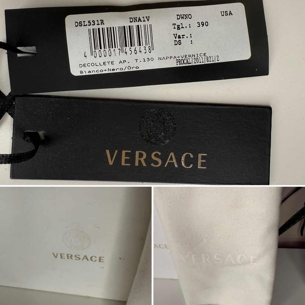 Versace White Nappa Leather Peep Toe Heels 39 Black Patent Gold Pumps DSL531R - Picture 14 of 15